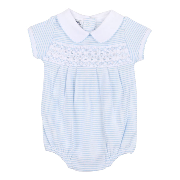 Magnolia Baby Arthur and Anna Smocked Collared Boy Bubble Light Blue - Born Childrens Boutique