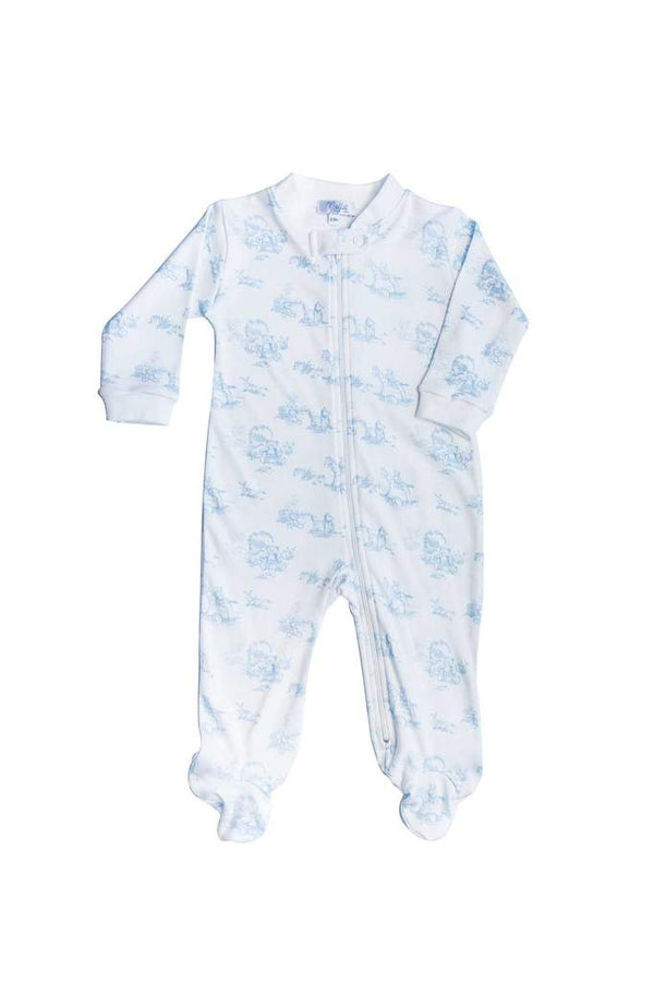 Blue Toile Zipper Footie - Born Childrens Boutique