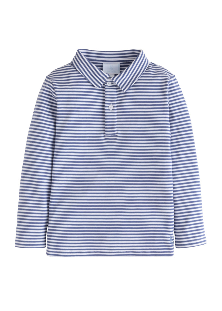 Little English Long Sleeve Striped Polo - Gray Blue - Born Childrens Boutique