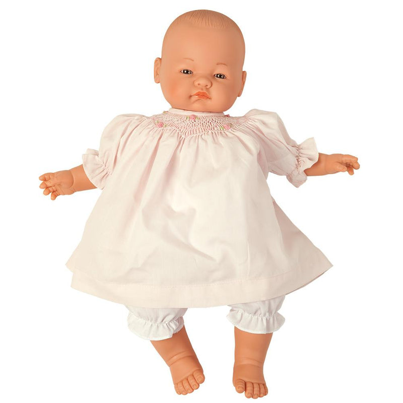 Baby Emma Doll Bald with Brown Eyes with White Smocked Dress 15 inch - Born Childrens Boutique
