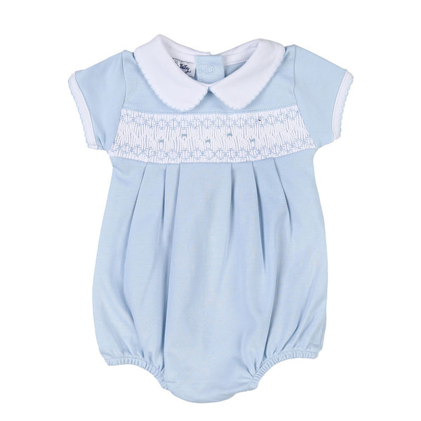 4041-281 Sophie and Sam Blue Smocked Collared Bubble - Born Childrens Boutique