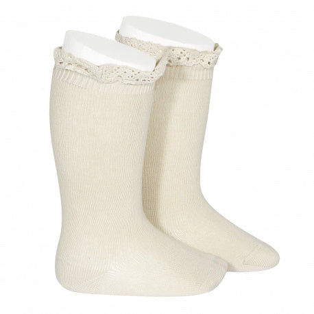 Knee Socks with Lace Trim Linen - Born Childrens Boutique