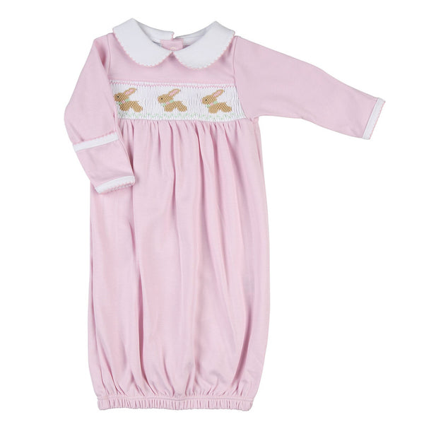 5106-383 Springtime Bunny Classics Pink Smocked Collared Gathered Gown - Born Childrens Boutique