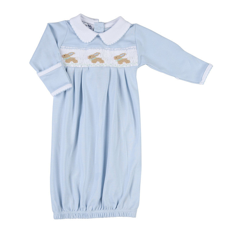 5106-392 Springtime Bunny Classics Blue Smocked Collared Pleated Gown - Born Childrens Boutique