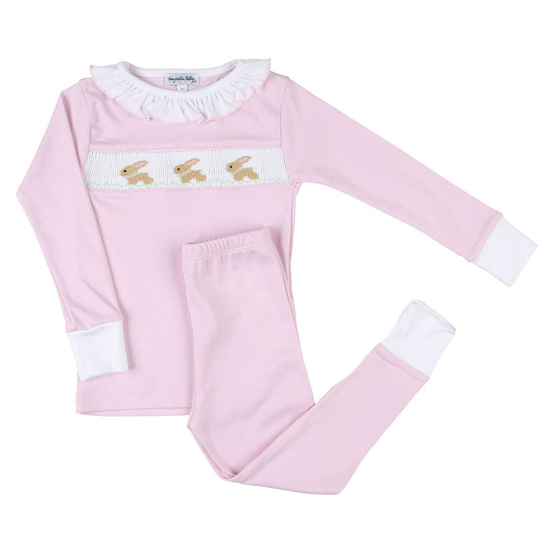 5106-LPRS Springtime Bunny Classics Pink Smocked Ruffle Long Pajama - Born Childrens Boutique