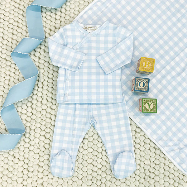 Baby Buggy Blanket Buckhead Blue Gingham With Worth Avenue White - Born Childrens Boutique