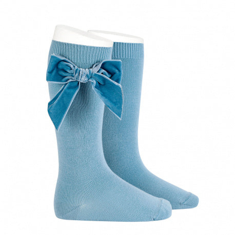Knee Socks with Velvet Bow Light Blue - Born Childrens Boutique