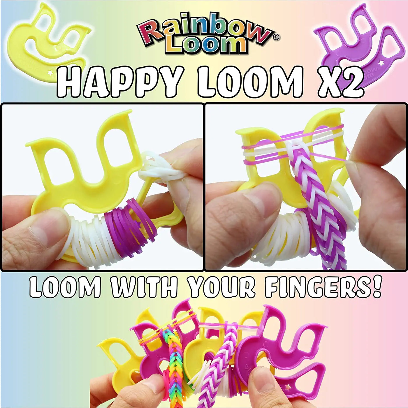 Loom bands on fingers trifolded designs