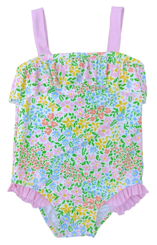 James and Lottie Cora Floral Bow Ruffled Top One Piece in the floral with pink straps - Born Childrens Boutique