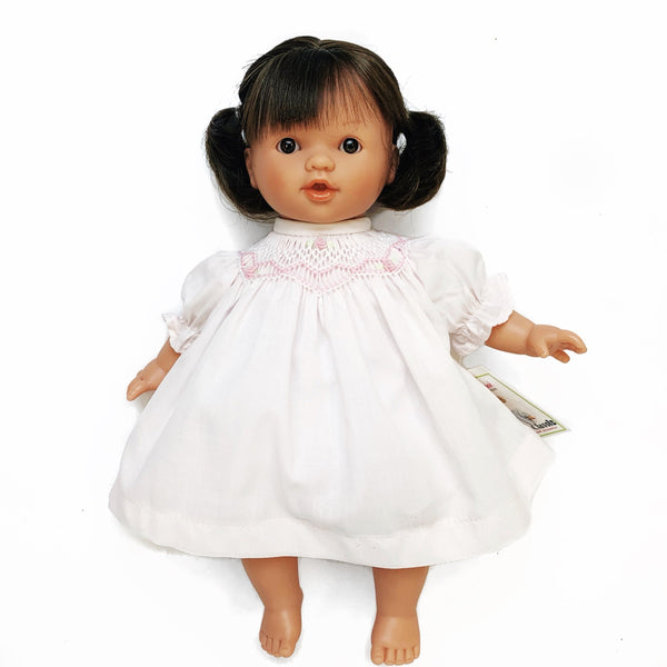 Baby Bella Doll Brown Hair Brown Eyes with White Smocked Dress - Born Childrens Boutique