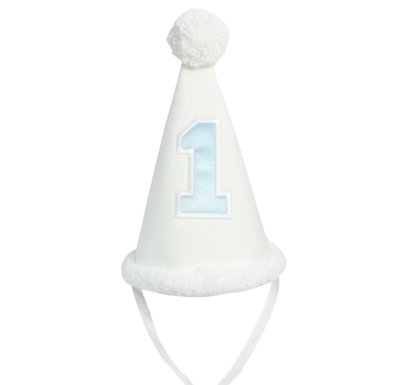 Linen Birthday Hat - White Linen/Lt Blue Satin Number - Born Childrens Boutique
