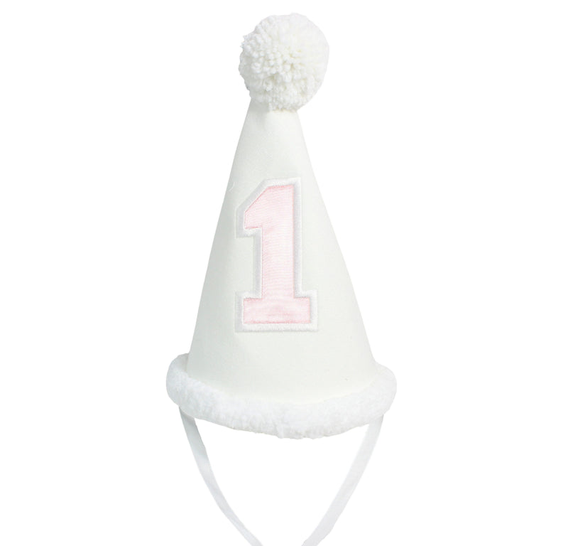 Linen Birthday Hat - White Linen/Lt Pink Satin Number - Born Childrens Boutique