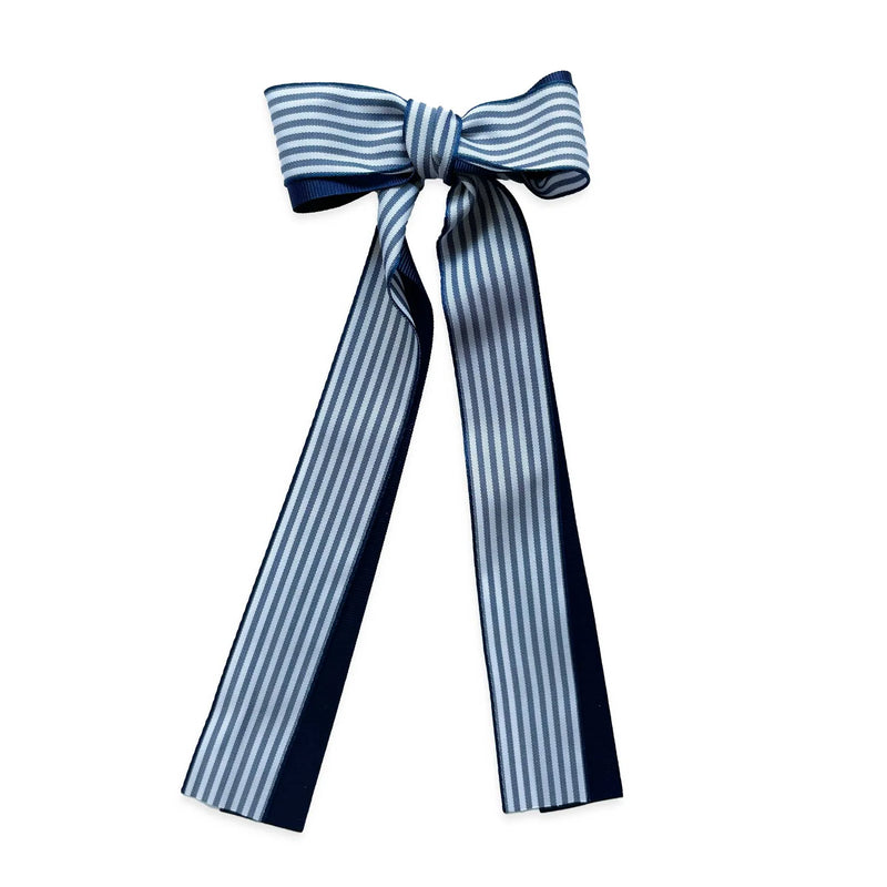 Stripes and Gros Grain Long Tail Bow 8 in, Navy Blue - Born Childrens Boutique