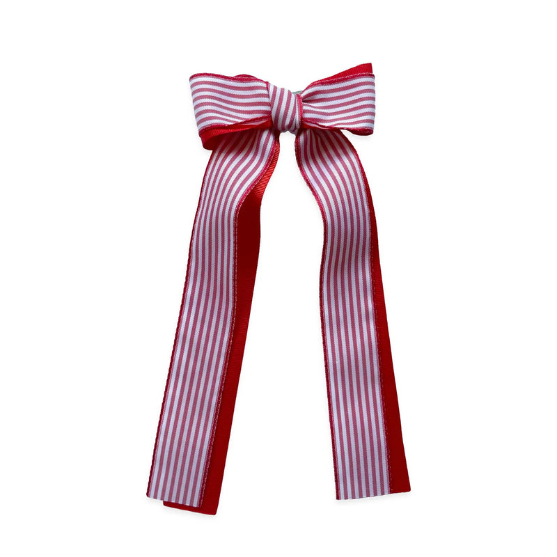 Stripes and Gros Grain Long Tail Bow 8 in, Red - Born Childrens Boutique