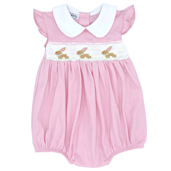 Springtime Bunny Classics Pink Smocked Collared Flutters Bubble - Born Childrens Boutique