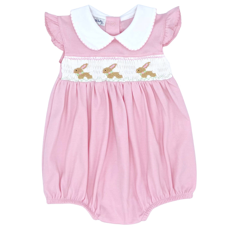 Springtime Bunny Classics Pink Smocked Collared Flutters Bubble - Born Childrens Boutique