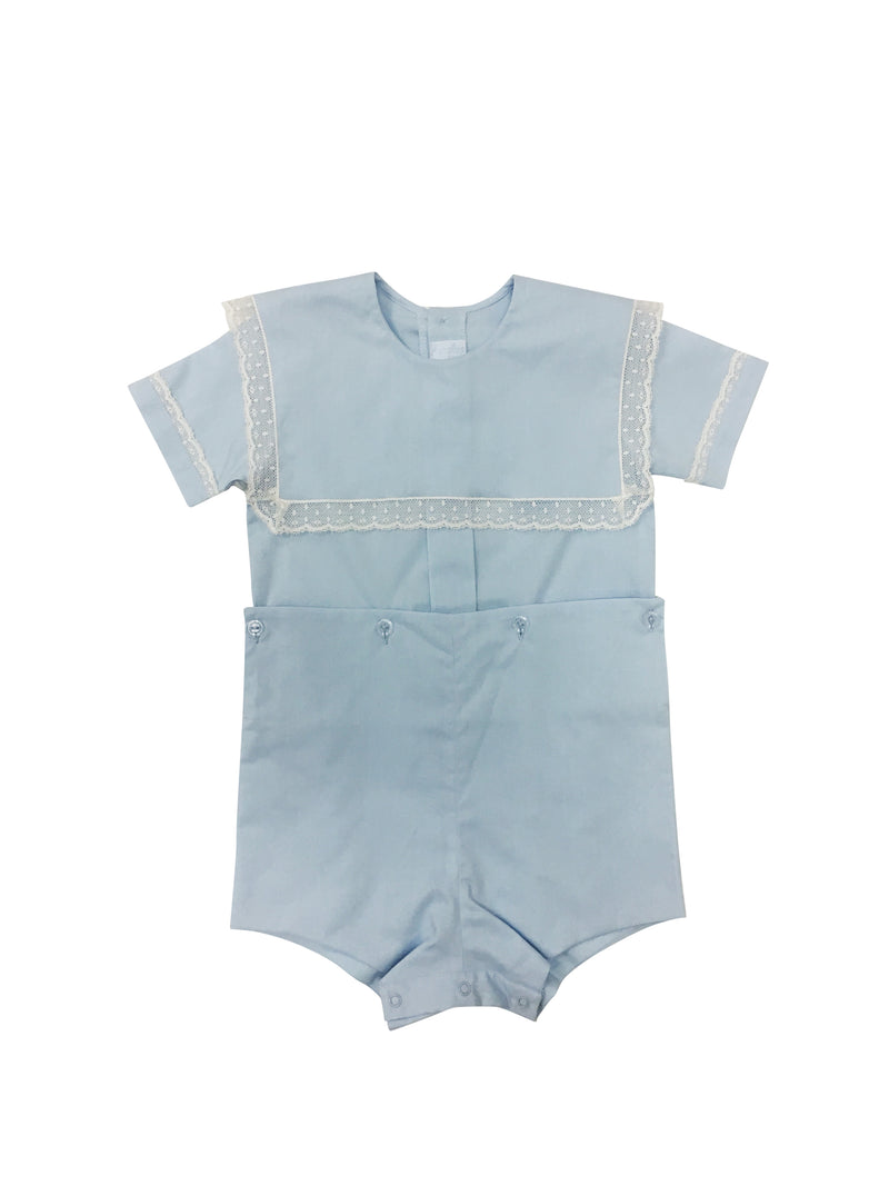Heirloom Square Collar Button-on Blue with Ecru - Born Childrens Boutique