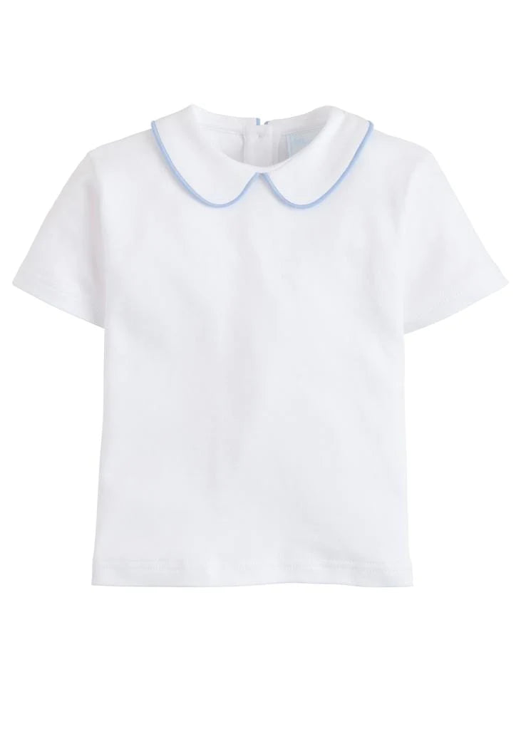 Piped Peter Pan Knit Short Sleeve Shirt - Light Blue - Born Childrens Boutique