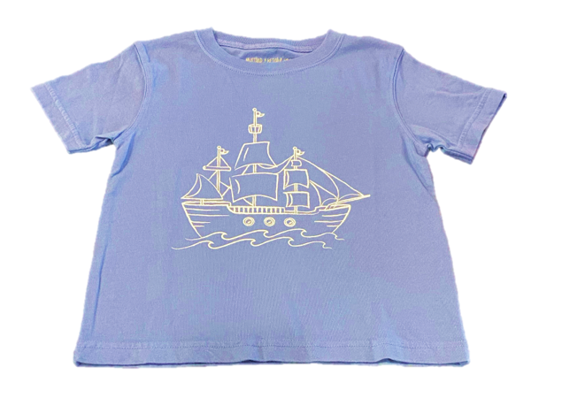 Short Sleeve Blue Pirate Ship Tee - Born Childrens Boutique