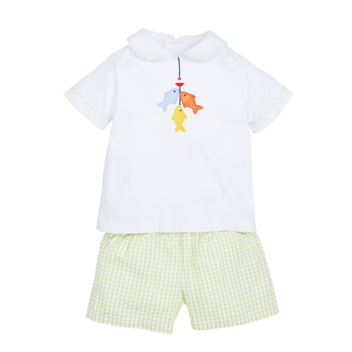 Applique Peter Pan Short Set - Gone Fishing Green Seersucker - Born Childrens Boutique