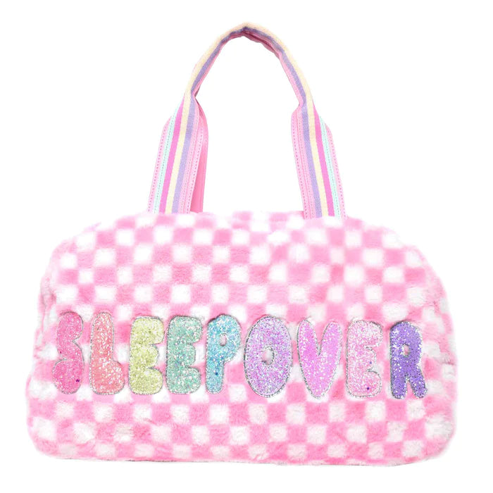 Sleepover Plush Medium Duffle Bag - Pink Checkerboard Plush - Born Childrens Boutique