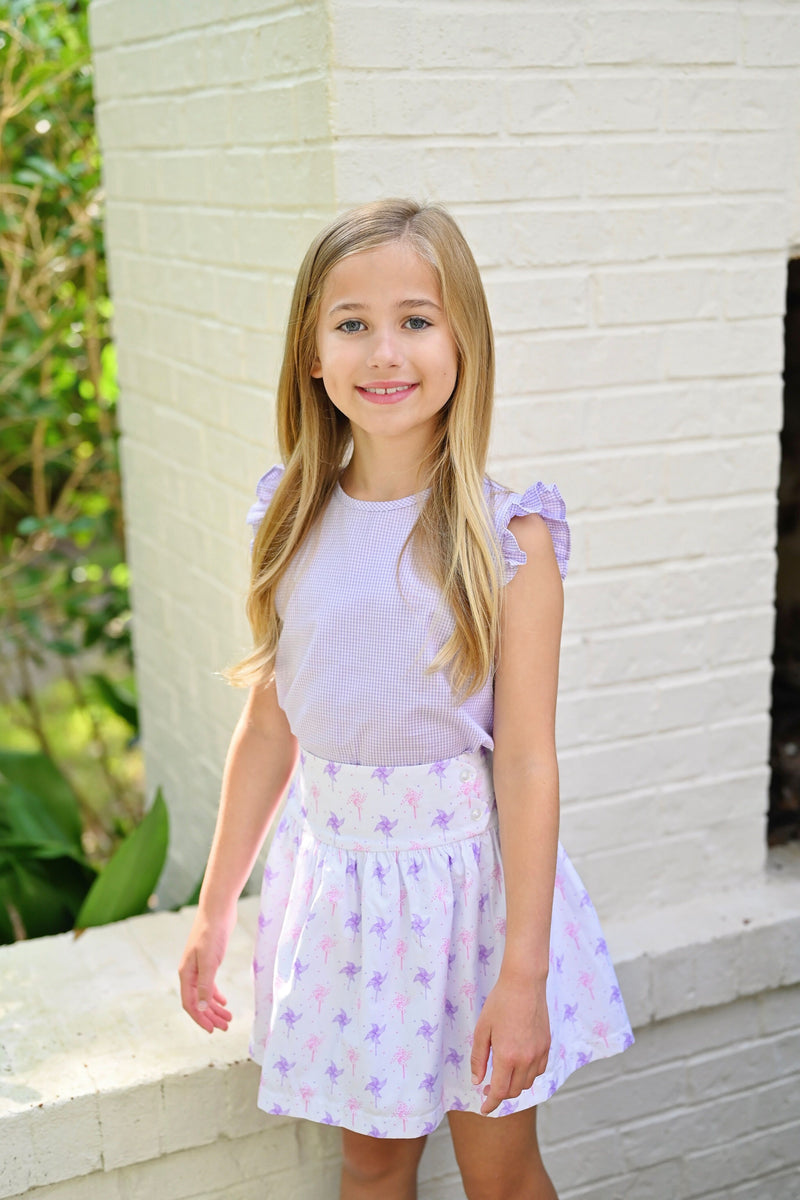 Pre-Order James and Lottie Purple Gingham Flutter Sleeve Top with Pin Wheel Skirt Set - Born Childrens Boutique