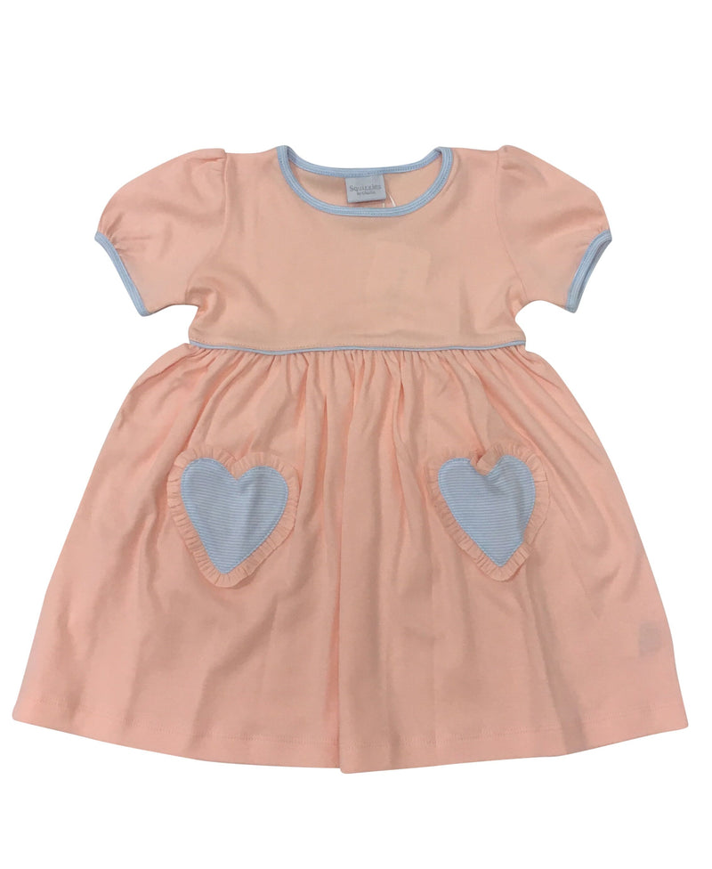 Peach Dress with Blue Heart Pocket - Born Childrens Boutique