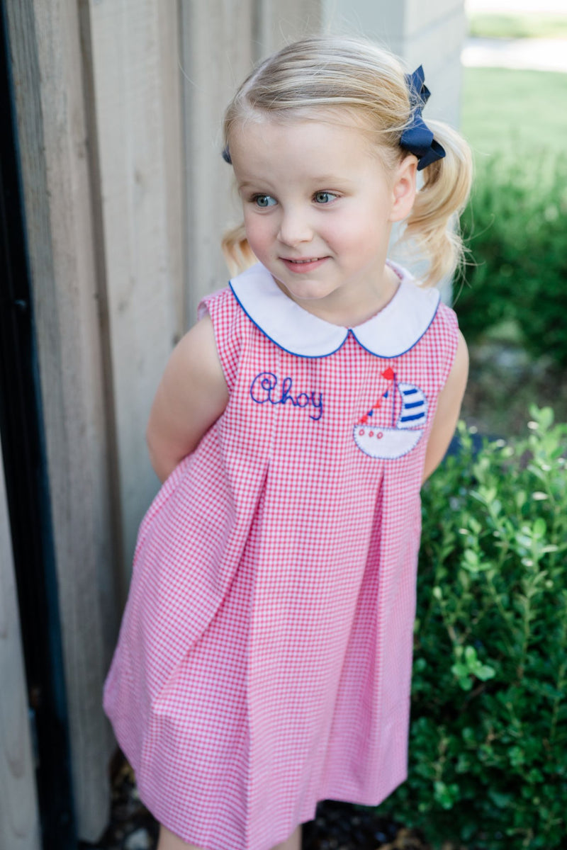 Pre-Order Ahoy Dress in Red Micogingham - Born Childrens Boutique
