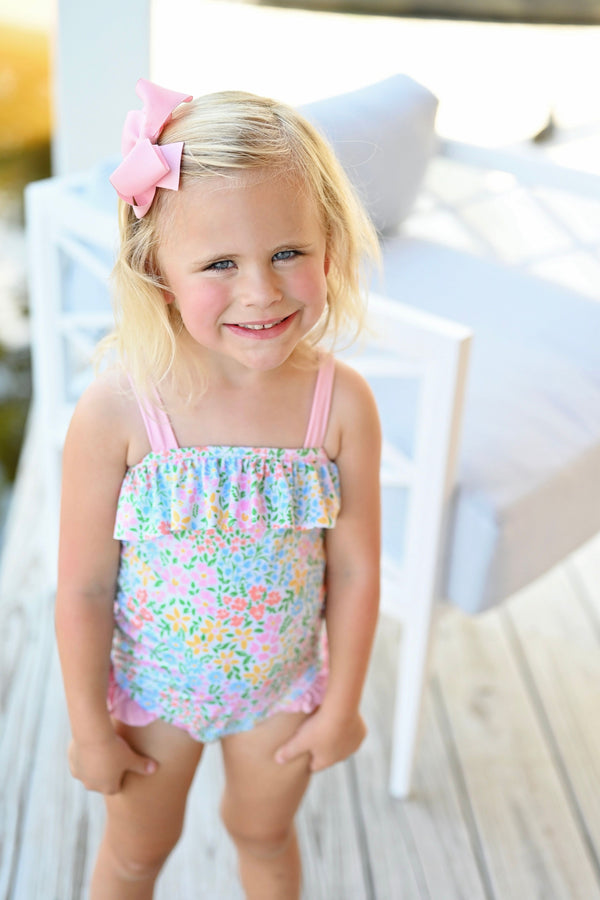 James and Lottie Cora Floral Bow Ruffled Top One Piece in the floral with pink straps - Born Childrens Boutique