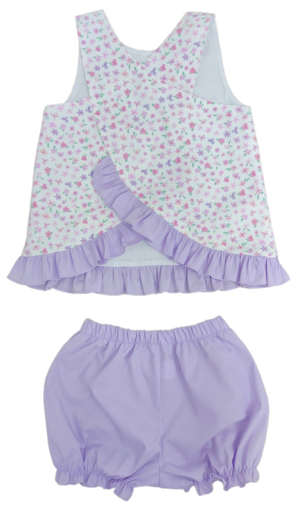 Pre-Order James & Lottie Poppy Pinafore Bloomer Set Pink and Purple Floral with Lavender Trim - Born Childrens Boutique