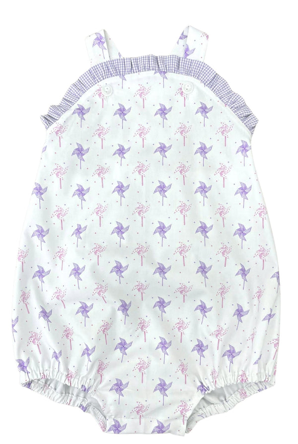 Pre-Order James and Lottie Mary Pinwheel bubble with Purple Gingham Ruffled Trim - Born Childrens Boutique