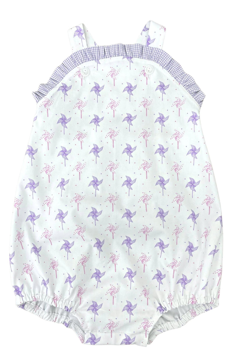 Pre-Order James and Lottie Mary Pinwheel bubble with Purple Gingham Ruffled Trim - Born Childrens Boutique