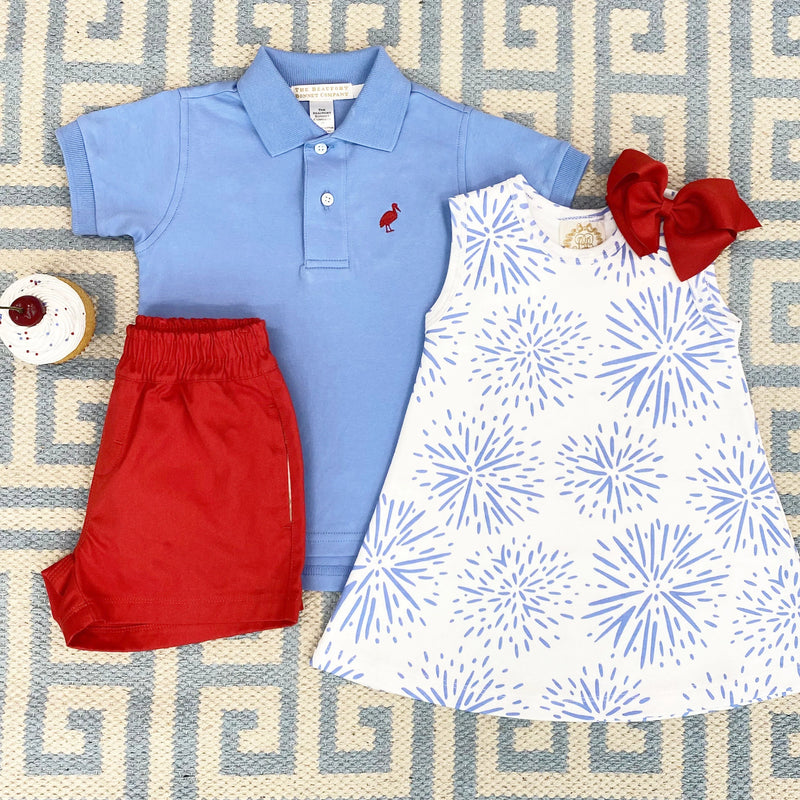 Prim and Proper Polo Short Sleeve Barbados Blue With Richmond Red Stork - Born Childrens Boutique