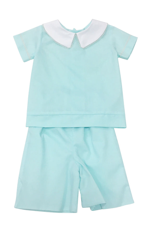 Heirloom Aqua Short Set White Peter Pan Collar with Ecru Trim - Born Childrens Boutique