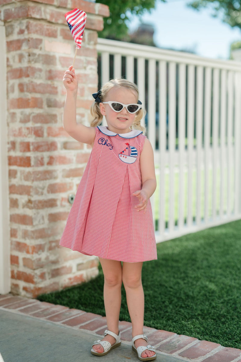 Pre-Order Ahoy Dress in Red Micogingham - Born Childrens Boutique