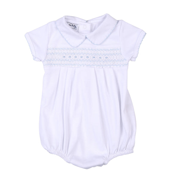 Magnolia Baby Taylor and Tyler Smocked Collared S/S Boy Bubble Blue - Born Childrens Boutique
