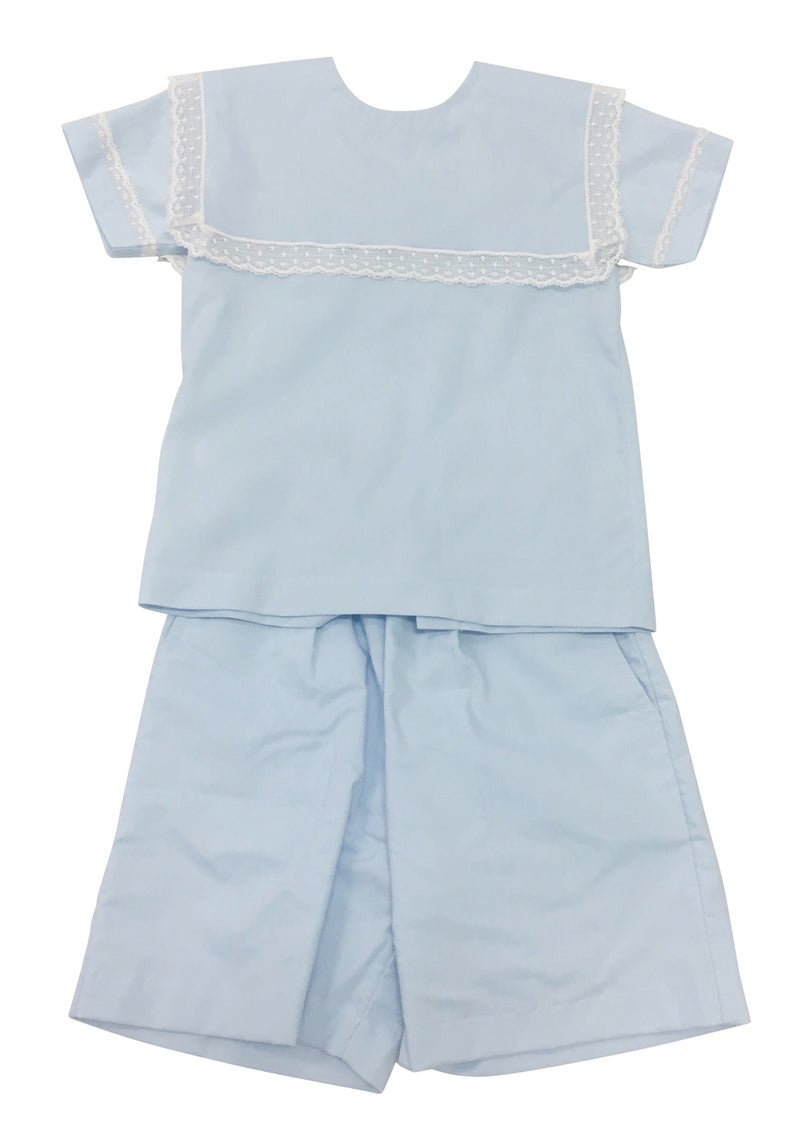 Heirloom Square Scalloped Short Set Blue with Ecru - Born Childrens Boutique