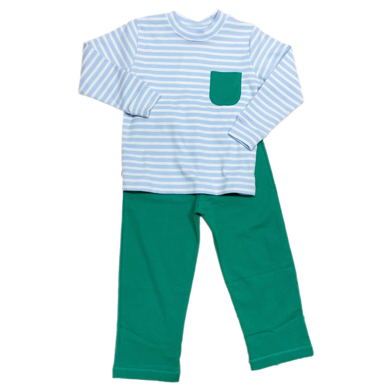 Blue Stripe w/ Green Pocket Shirt Set - Born Childrens Boutique