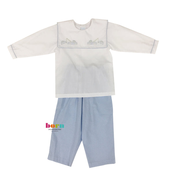 Two Piece Blue Check Tow Truck - Born Childrens Boutique