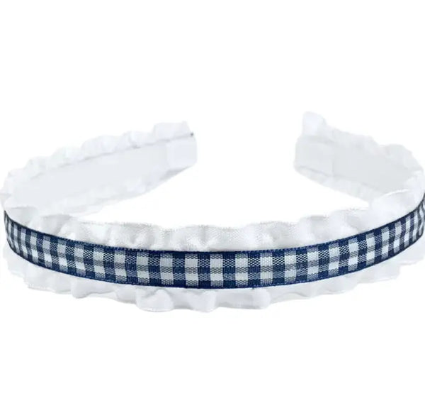 Navy Ging Double Ruffle Headband - Born Childrens Boutique