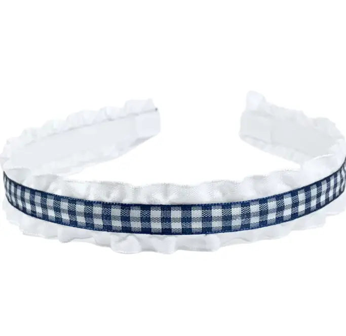 Navy Ging Double Ruffle Headband - Born Childrens Boutique