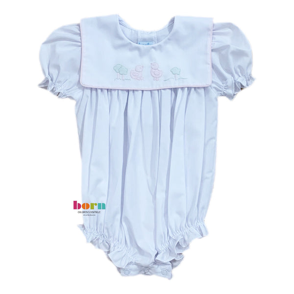 Short Sleeve Bib Bubble, White w/ Pink Chick - Born Childrens Boutique