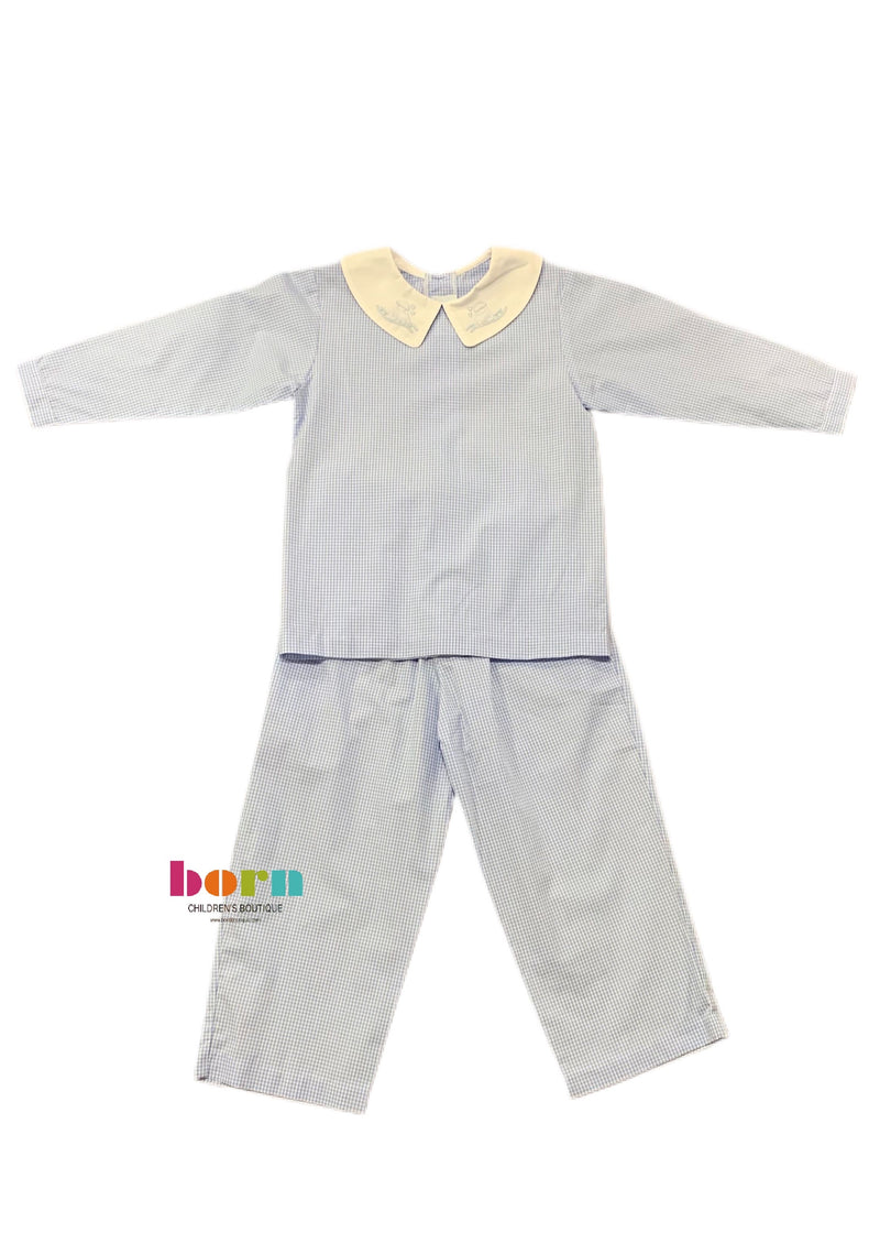 Blue Check with Train Pant Set - Born Childrens Boutique