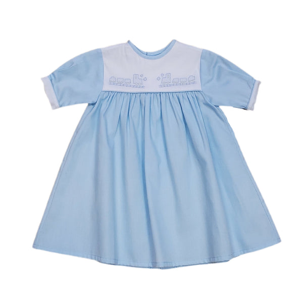 Pique Daygown Blue White Train - Born Childrens Boutique