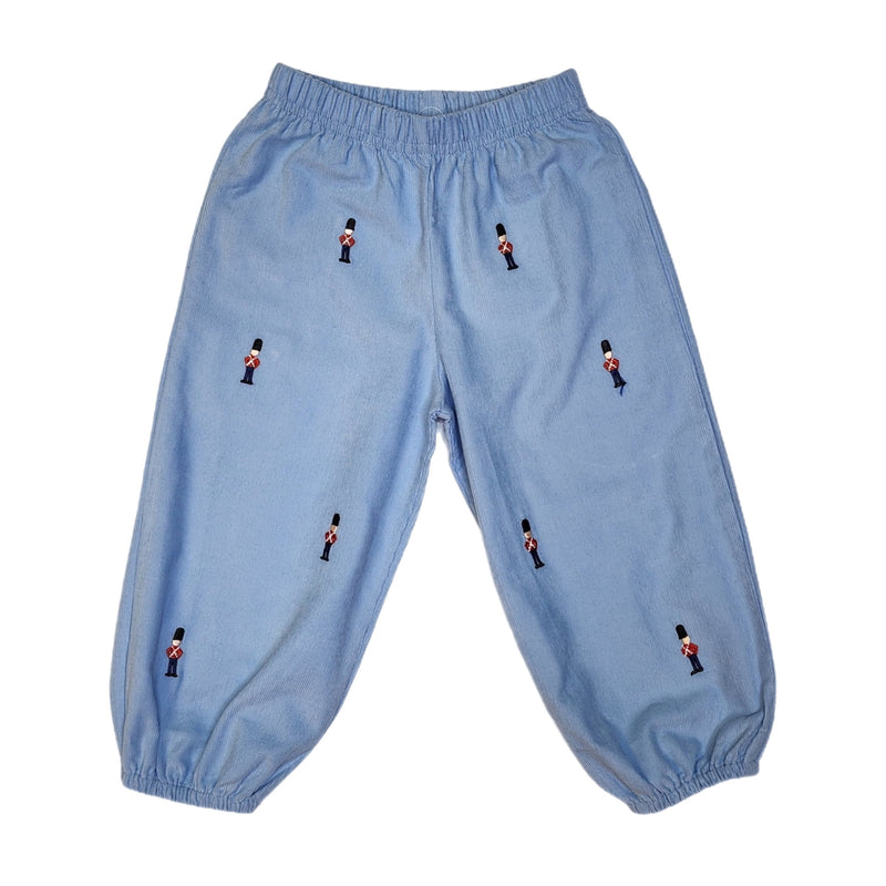 Boy Bloomer Pants Blue Cord w/ Toy Soldier Embroidery - Born Childrens Boutique