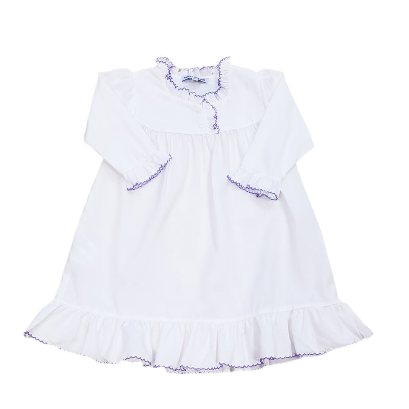 Long Sleeve White Gown with Purple Picot Trim - Born Childrens Boutique