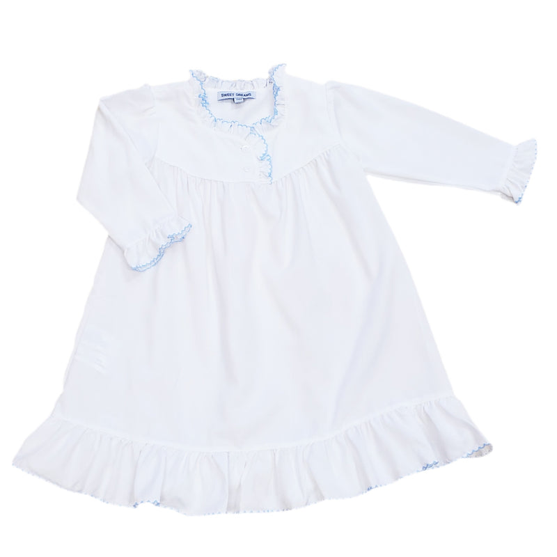 Long Sleeve White Gown with Blue Picot Trim - Born Childrens Boutique