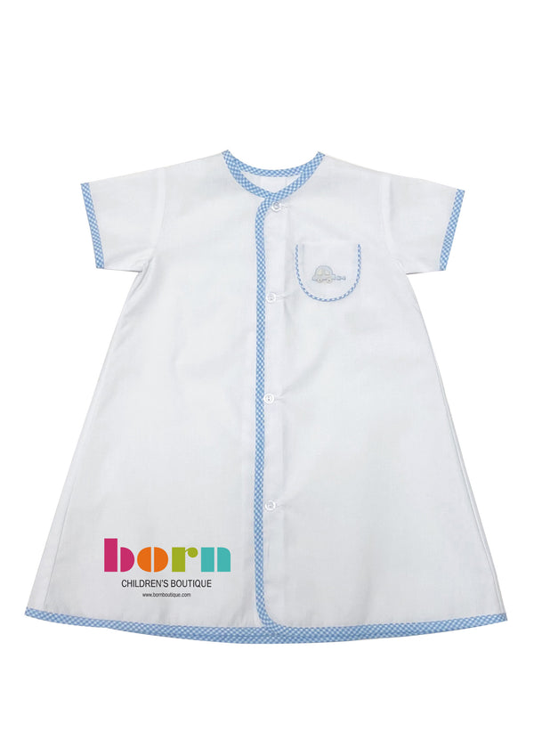Auraluz Gown White Blue Check with Blue Car - Born Childrens Boutique