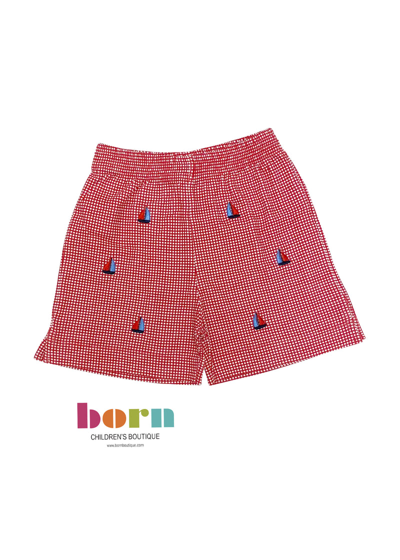 Red Gingham Shorts w/ Sailboats Embroidery - Born Childrens Boutique