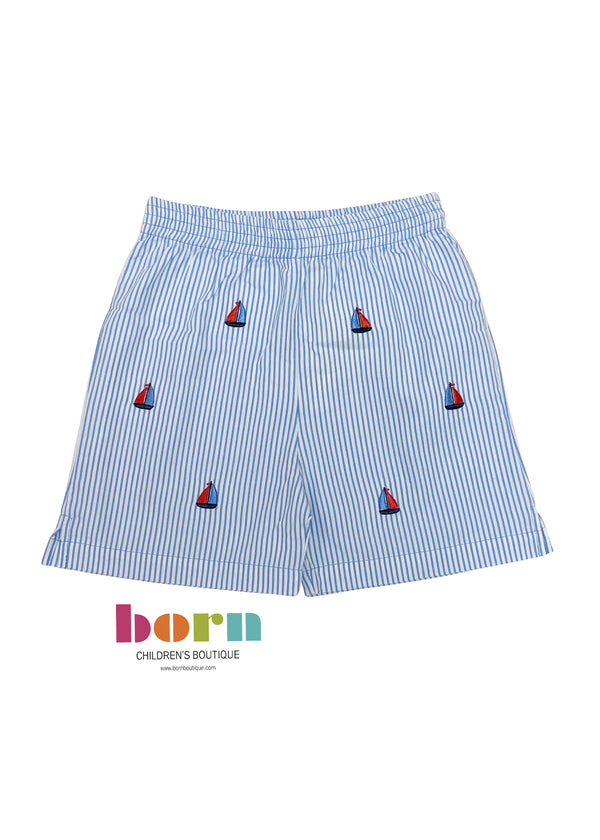 Blue Seersucker Shorts w/ Sailboats Embroidery - Born Childrens Boutique